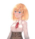  1girl bakaichisan blonde_hair blue_eyes blush high-waist_skirt highres hololive hololive_english medium_hair necktie red_eyes shirt skirt solo upper_body upper_teeth virtual_youtuber watson_amelia white_background white_shirt 