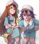  2girls absurdres beige_shorts black_hair blue_eyes blue_shirt brown_eyes brown_hair dress_shirt fang hat hataraku_saibou hataraku_saibou_black highres long_hair looking_at_viewer multiple_girls open_mouth platelet_(hataraku_saibou) rakaiki shirt short_hair short_sleeves smile sweatdrop white_headwear 