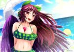  1girl alternate_costume bangs bikini bird_wings black_wings blue_sky blush bow breasts brown_hair cleavage cloud commentary_request eyebrows_visible_through_hair feathered_wings frilled_bikini frills green_bikini green_bow hair_bow horizon large_breasts long_hair looking_at_viewer messy_hair ocean open_mouth outdoors red_eyes reiuji_utsuho signature sky solo swimsuit swimwear third_eye torinosuke touhou upper_body water wings 