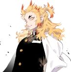  1boy artist_name belt blonde_hair cape eyelashes flame_print flaming_sword flaming_weapon grin haori high_collar highres japanese_clothes kimetsu_no_yaiba kyou_zuki light_particles male_focus multicolored_hair red_hair rengoku_kyoujurou sheath sidelocks simple_background smile solo sword thick_eyebrows toned toned_male tsurime two-tone_hair uniform unsheathing weapon white_background white_belt white_cape 