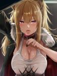  1girl animal_ears arknights black_jacket blonde_hair blush breasts brown_collar candy cleavage collar commentary_request covered_nipples eyebrows_visible_through_hair food fur-trimmed_jacket fur_trim heart heart-shaped_pupils hiruno jacket large_breasts lion_ears lollipop long_hair long_sleeves looking_at_viewer open_mouth red_eyes siege_(arknights) solo symbol-shaped_pupils tongue tongue_out upper_body 