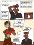  anthro asinus braces clothed clothing comic convention cosplay crop_top dialogue donkey duo english_text equid equine fully_clothed fuze hi_res jacques_(fuze) jorge_san_nicolas male mammal midriff navel shirt suid suina sus_(pig) t-shirt texnatsu text topwear visor wild_boar 