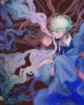  1boy 1girl blue_dress blue_neckwear brown_hair carrying closed_eyes closed_mouth dreaming dress eyebrows_visible_through_hair eyelashes frills green_hair hands_together haruya_rabbit highres light_green_hair long_hair necktie nightmare original princess_carry red_eyes sleeping smoke twitter_username very_long_hair 