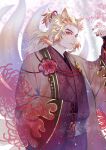  1boy alternate_costume animal_ears bell bishounen blonde_hair cherry_blossoms closed_mouth commentary_request embellished_costume floral_background floral_print flower fox_boy fox_ears hair_ribbon hair_up highres japanese_clothes jingle_bell kimetsu_no_yaiba kimono kitsune light_particles lips long_hair male_focus mikaeri multicolored_hair multiple_tails ponytail purple_kimono red_eyes red_nails rengoku_kyoujurou ribbon signature smile solo spider_lily tail tasuki tree_branch tsurime yellow_eyes yukata 