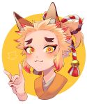  1boy :3 animal_ears bell blonde_hair blush commentary_request disembodied_hand eyelashes eyeshadow forehead forked_eyebrows fox fox_boy fox_ears fox_shadow_puppet hair_bell hair_intakes hair_ornament hair_up highres japanese_clothes kameoka908 kimetsu_no_yaiba kimono makeup male_focus multicolored_hair ponytail portrait red_eyeshadow red_hair red_nails rengoku_senjurou ribbon shiny_skin simple_background smile solo two-tone_hair yellow_eyes 