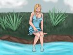  blonde_hair clothed clothing cloudy_sky dress feet_in_water female field grass hair human human_only mammal not_furry outside plant river solo tigertwins transformation transformation_sequence 