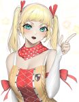  1girl absurdres aqua_eyes blonde_hair blush commentary freckles hand_up highres index_finger_raised looking_at_viewer medium_hair norunollu open_mouth original polka_dot polka_dot_scarf red_ribbon red_scarf ribbon scarf solo star_(symbol) twintails upper_body 