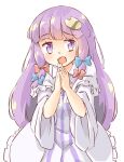  1girl arnest bangs blue_bow blush bow crescent crescent_hair_ornament dress eyebrows_visible_through_hair hair_bow hair_ornament hands_up long_hair looking_at_viewer no_hat no_headwear open_mouth own_hands_together palms_together patchouli_knowledge purple_eyes purple_hair red_bow simple_background solo striped striped_dress touhou upper_body white_background white_dress wide_sleeves 