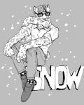  2020 anthro bottomwear clothing english_text eyewear felid footwear glasses hair holding_tail looking_at_viewer male mammal monochrome pantherine pants plantigrade shirt shoes sitting sitting_on_text smile snow_leopard socks solo stagor55 tail_in_mouth text topwear whiskers 