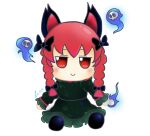  1girl animal_ears bangs black_bow black_footwear bow braid cat_ears closed_mouth dress full_body fumo_(doll) gradient_dress green_dress hair_bow highres hitodama kaenbyou_rin lis long_hair long_sleeves looking_at_viewer red_eyes red_hair side_braids signature simple_background smile solo touhou twin_braids white_background 