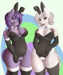 absurd_res animal_humanoid anthro big_breasts blush booponies bow_tie breasts bunny_costume clitoris clothing costume female female/female genitals gloves handwear hasbro hi_res humanoid lagomorph lagomorph_humanoid legwear leporid_humanoid low-angle_view mammal mammal_humanoid my_little_pony nipples presenting pussy rabbit_humanoid seductive solo thigh_highs 