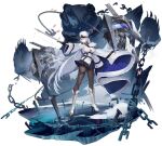  1girl artist_request azur_lane between_breasts black_gloves black_legwear black_neckwear blue_skirt boots breasts broken broken_chain chain cleavage coat eyebrows_visible_through_hair fur-trimmed_boots fur-trimmed_coat fur_trim gloves hair_between_eyes hat highres holding holding_weapon ice jacket kirov_(azur_lane) large_breasts long_hair long_sleeves looking_at_viewer machinery military_hat miniskirt necktie necktie_between_breasts night official_art pantyhose pleated_skirt skirt smile sword transparent_background turret very_long_hair weapon white_coat white_footwear white_hair white_headwear wide_sleeves 