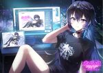  1girl bangs bare_legs black_hair collar eyebrows_visible_through_hair hand_up headphones headphones_around_neck holding holding_headphones kamitsubaki_studio keyboard_(computer) knee_up koko_(vtuber) long_hair monitor purple_eyes shirt short_sleeves shorts sitting smile solo t-shirt very_long_hair virtual_youtuber wattaro 