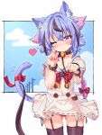  1other :3 absurdres androgynous animal_ears ass_visible_through_thighs bell blue_hair blue_sky blush cat_ears cat_tail cloud collar commentary cowboy_shot dress etogami_kazuya garter_straps garters gradient_hair gynoid_talk hair_flaps highres holding holding_leash leash looking_at_viewer meika_mikoto multicolored_hair neck_bell neck_ribbon one_eye_closed panties pantyshot paw_pose pink_eyes pink_hair red_nails red_neckwear red_panties ribbon sailor_collar skindentation sky smile solo standing tail tail_ornament tail_ribbon underwear utility_pole vocaloid white_collar white_dress wrist_straps 