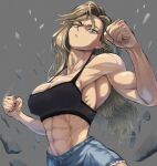  1girl abs bare_shoulders blonde_hair breasts brown_eyes camisole clenched_hand denim denim_shorts highres long_hair midriff muscular muscular_female original pout qtime4_702 shorts solo stone toned wavy_hair 