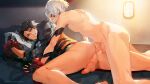  2boys anal black_hair bottomless clothed_male_nude_male doggystyle fingerless_gloves gloves god_eater god_eater_3 highres hugo_pennywort jacket legacy_zechs looking_at_another looking_back male_focus multiple_boys nude perineum player_(god_eater_3) sex sex_from_behind sweat testicles white_hair yaoi 