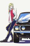  1girl black_pants blonde_hair brown_footwear car commentary ford_mustang full_body ground_vehicle hair_behind_ear hands_in_pockets highres leaning long_hair long_sleeves motor_vehicle norunollu original pants red_vest shadow shirt shoes simple_background solo standing vest white_background white_shirt 