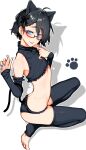  1boy absurdres animal_ears bell black_bow black_legwear black_panties black_shirt blue_nails blush bow braid cat_ears cat_tail full_body glasses hair_bow hands_up highres indie_virtual_youtuber kushizaki_(vtuber) midriff mole_above_eye neck_bell original otoko_no_ko outline panties paw_print shadow shirt sleeveless sleeveless_shirt smile solo st_(youx1119) sweatdrop tail thighhighs tongue tongue_out underwear virtual_youtuber white_outline 