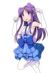  1girl :p animal_ears blue_skirt blush dog_ears elbow_gloves gloves hands_up high-waist_skirt highres hinata_yukari looking_at_viewer pantyhose purple_eyes purple_hair shirt simple_background skirt sleeveless sleeveless_shirt smile solo standing standing_on_one_leg taka_(takahirokun) tongue tongue_out white_background white_gloves white_legwear white_shirt yuyushiki 