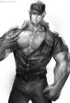  1boy abs baseball_cap biceps black_shirt bulge clenched_hand contrapposto greyscale hat hataraku_saibou highres killer_t_(hataraku_saibou) large_pectorals legacy_zechs looking_at_viewer male_focus monochrome muscular muscular_male pectorals self_exposure shirt short_hair short_sleeves simple_background smirk solo twitter_username uniform white_background 