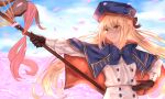  1girl artoria_pendragon_(all) artoria_pendragon_(caster)_(fate) bakaichisan black_ribbon blonde_hair blue_cape blue_sky blush brown_gloves buttons cape capelet cloud double-breasted fate/grand_order fate_(series) gloves green_eyes hair_between_eyes hat highres long_hair neck_ribbon petals ponytail ribbon sky smile solo staff 
