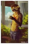  2019 absurd_res anthro beverage blue_sky bottomwear city clothed clothing cloud coffee day denim denim_clothing digital_media_(artwork) facial_markings fur green_background head_markings hi_res holding_object jeans looking_at_viewer lutrine male mammal markings morning mustelid obormotter pants plant signature simple_background sky smile solo standing sun tea topless topless_male unknown_character watermark window yellow_eyes 