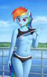  2021 5_fingers absurd_res anthro areola blurred_background breasts clothing digital_media_(artwork) equid equine eyelashes female fingers friendship_is_magic hasbro hi_res irisarco looking_at_viewer mammal my_little_pony navel nipple_piercing nipples outside pegasus piercing rainbow_dash_(mlp) solo tongue tongue_out wings 