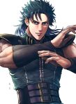  040shao 1boy arm_warmers arms_up bangs belt blue_eyes blue_hair commentary_request green_shirt highres hokuto_no_ken looking_at_viewer male_focus medium_hair multiple_belts muscular muscular_male parted_lips rei_(hokuto_no_ken) shirt shoulder_pads simple_background sleeveless sleeveless_shirt solo upper_body white_background 