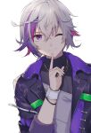  1boy ;) absurdres bangs black_jacket black_shirt eyebrows_visible_through_hair fuwa_minato grey_hair hair_between_eyes hand_up highres index_finger_raised jacket looking_at_viewer male_focus multicolored_hair nijisanji one_eye_closed open_clothes open_jacket purple_eyes purple_hair red_hair shiino_sera shirt signature simple_background smile solo streaked_hair upper_body virtual_youtuber white_background 