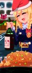  1girl bangs bell black_jacket blonde_hair blush bottle bow braid breasts chicken_(food) christmas city_lights closed_eyes commentary_request cookie_(touhou) cow eyebrows_visible_through_hair fang food gift hair_bow hat holding holding_bottle indoors jacket kirisame_marisa letter long_hair long_sleeves medium_breasts open_mouth painting_(object) peas psychic_parrot red_bow rei_(cookie) rice santa_hat side_braid single_braid solo touhou turtleneck upper_body window wine_bottle 