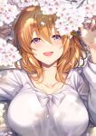  1girl :d bangs blush breasts cherry_blossoms commentary_request eyebrows_visible_through_hair gochuumon_wa_usagi_desu_ka? hair_between_eyes hair_ornament hairclip highres hoto_cocoa ks_(xephyrks) large_breasts long_sleeves looking_at_viewer lying medium_hair older on_back open_mouth orange_hair petals purple_eyes shirt smile solo upper_body white_shirt 