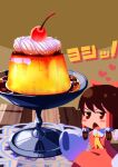  1girl absurdres ascot bangs blush_stickers bow brown_eyes brown_hair caramel cherry commentary_request cookie_(touhou) detached_sleeves dish dress feet_out_of_frame food food_focus frilled_hair_tubes frills fruit hair_bow hair_tubes hakurei_reimu heart highres looking_at_viewer minigirl open_mouth psychic_parrot pudding red_bow red_dress sakenomi_(cookie) short_hair sleeves_past_wrists solo table touhou triangle_mouth whipped_cream white_sleeves yellow_neckwear 