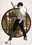  1boy arkray black_hair black_pants cherry_blossoms floral_background from_behind full_body grey_eyes hair_between_eyes high_collar highres holding holding_sword holding_weapon jujutsu_kaisen katana looking_at_viewer male_focus okkotsu_yuuta outstretched_arm pants round_window shadow sheath shirt shoes short_hair short_sleeves sneakers standing sword weapon white_background white_footwear white_shirt 