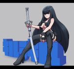  1girl aneurysm_ax belt black_gloves black_hair blue_eyes boots breasts closed_mouth expressionless eyebrows_visible_through_hair fingerless_gloves full_body gloves high_heel_boots high_heels highres katana kill_la_kill kiryuuin_satsuki long_hair looking_at_viewer medium_breasts nudist_beach_uniform revealing_clothes serious simple_background sitting solo sword thick_eyebrows thigh_boots thighhighs translation_request weapon 