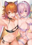  2girls animal_ears armpits bangs bare_arms bare_shoulders bell black_hairband black_neckwear blush breast_press breasts choker cleavage collarbone cowboy_shot eyebrows_visible_through_hair fake_animal_ears fate/grand_order fate_(series) frills from_above fujimaru_ritsuka_(female) hair_ornament hair_scrunchie hairband hand_up headdress indoors large_breasts lingerie mash_kyrielight multiple_girls nail_polish navel neck_bell open_mouth orange_hair pink_hair sage_joh scrunchie selfie short_hair side_ponytail smile thigh_strap underwear white_headwear yellow_scrunchie 