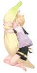  1boy banana barefoot belt black_collar black_shorts blonde_hair closed_eyes collar collared_shirt commentary_request food fruit kagamine_len lying male_focus naoko_(naonocoto) object_hug on_side open_mouth oversized_object sailor_collar school_uniform shirt short_ponytail short_sleeves shorts sleeping solo spiked_hair stuffed_toy vocaloid white_background white_shirt 