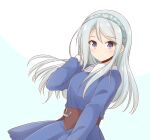  1girl alternate_costume dress hairband icesherbet kantai_collection long_hair looking_at_viewer official_alternate_costume purple_eyes sagiri_(kancolle) silver_hair solo two-tone_background 