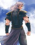  040shao 1boy back bangs belt black_pants black_shirt blue_background brown_belt cape clenched_hand closed_mouth commentary cowboy_shot highres hokuto_no_ken looking_to_the_side male_focus medium_hair mullet muscular muscular_male pants purple_cape scar scar_across_eye shirt short_sleeves shoulder_pads shuu_(hokuto_no_ken) smile solo waist_cape white_hair 