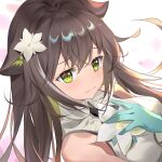  1girl :3 animal_ears aqua_gloves arknights bangs bare_shoulders black_neckwear breasts brown_hair eyebrows_visible_through_hair flower folinic_(arknights) gloves green_eyes hair_flower hair_ornament hand_on_own_chest hand_up highres long_hair looking_at_viewer medium_breasts necktie shirt sidelocks sleeveless sleeveless_shirt solo somna white_flower white_shirt 