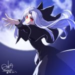  1girl black_dress blue_hair bow capelet dress full_moon hair_bow highres hinomoto_madoka len_(tsukihime) long_hair looking_at_viewer moon red_eyes solo tsukihime 