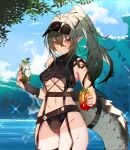  1girl arknights blush crocodilian_tail cup gavial_(arknights) glass green_hair hat highres holding holding_cup looking_at_viewer orange_eyes pointy_ears ponytail smile solo soukou_makura swimsuit tree water 