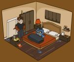  alien ambiguous_gender animated anthro bedroom blue_body blue_fur dialogue duo feral flyingsnake flyingsnake_(character) fur horn humanoid short_playtime sleeping yellow_sclera 