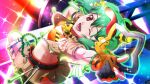  1girl ;d bikini bikini_under_clothes cropped_jacket flat_chest game_cg gloves green_hair hair_ornament macross macross_frontier midriff official_art one_eye_closed open_mouth ranka_lee smile solo swimsuit uta_macross_sumaho_deculture 