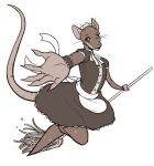  2021 ambiguous_gender anthro apron claws cleaning_tool clothed clothing fully_clothed konno_(miwauturu) lace looking_at_viewer maid_headdress maid_uniform mammal monochrome mop mouse murid murine offering_hand one_leg_up raised_leg rat_tail redrabbu ribbons rodent simple_background smile solo uniform whiskers white_background 