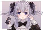  1girl absurdres alternate_hairstyle black_bow bow cellphone dress grey_hair hair_bow highres indie_virtual_youtuber long_hair long_sleeves looking_at_viewer moegala open_mouth phone purple_eyes shanoa_(vtuber) short_hair simple_background smartphone solo two_side_up virtual_youtuber 