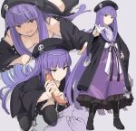  1girl amanohokosaka_mei bangs beret black_footwear black_headwear blazblue blunt_bangs boots collarbone dress food hat knee_boots long_hair long_sleeves looking_at_viewer lying multiple_views on_stomach purple_eyes purple_hair sausage shiseki_hirame smile very_long_hair wide_sleeves xblaze xblaze_code:_embryo 