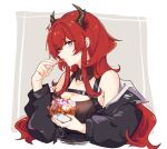 1girl arknights bangs bare_shoulders black_dress black_jacket breasts chinese_commentary cleavage commentary_request cropped_torso dress eyebrows_visible_through_hair food hand_up highres holding holding_food horns ice_cream jacket long_hair looking_at_viewer mabing off_shoulder open_clothes open_jacket purple_eyes red_hair sleeveless sleeveless_dress solo surtr_(arknights) upper_body 