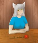  absurd_res animal_humanoid blue_clothing blue_shirt blue_topwear blush breasts clothed clothing female flower grey_hair hair hi_res humanoid looking_at_viewer mammal plant raine_silverlock rose_(flower) shirt sitting smile solo topwear twokinds webcomic webcomic_character yellow_eyes 