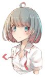  1girl ahoge bangs blue_eyes breasts cleavage collared_shirt comah cropped_torso dress_shirt eyebrows_visible_through_hair gradient_hair grey_hair looking_at_viewer multicolored_hair original red_hair shirt short_sleeves simple_background smile solo sweat upper_body white_background white_shirt 