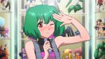  1girl ahoge armpits blush frown game_cg green_hair holding holding_microphone macross macross_frontier macross_frontier:_itsuwari_no_utahime microphone official_art one_eye_closed ranka_lee red_eyes salute sleeveless solo uta_macross_sumaho_deculture 